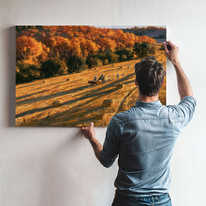 Autumn Harvest Field With Horse-Drawn Wagon by Bella Frye