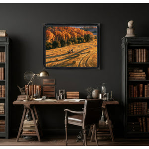 Autumn Harvest Field With Horse-Drawn Wagon by Bella Frye