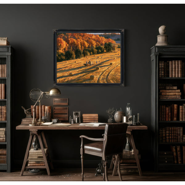 Autumn Harvest Field With Horse-Drawn Wagon by Bella Frye