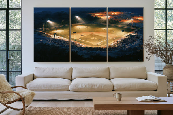 Baseball Diamond Lit At Night Aerial by Bella Frye