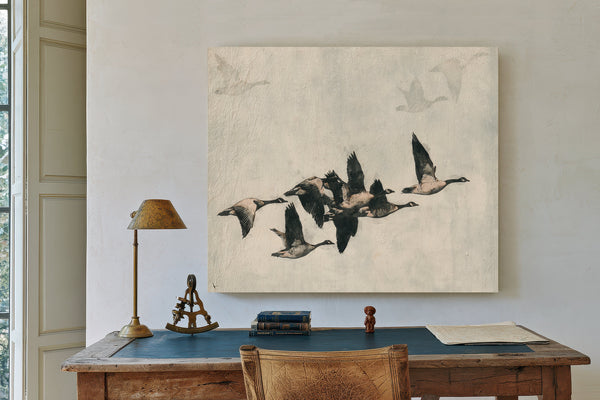 Canada Geese Flock In Flight Illustration by Bella Frye
