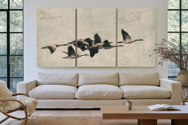 Canada Geese Flock In Flight Illustration by Bella Frye