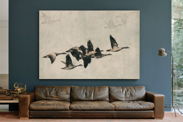 Canada Geese Flock In Flight Illustration by Bella Frye