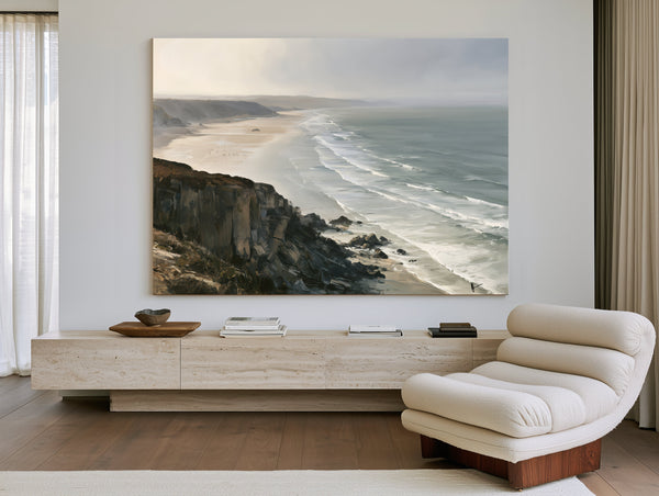 Coastal Cliffs Over Misty Sandy Beach by Bella Frye