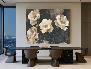 Cream Peonies On Dark Textured Background by Bella Frye