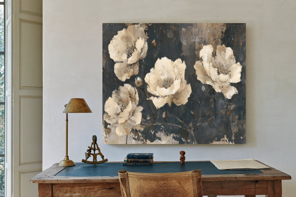 Cream Peonies On Dark Textured Background by Bella Frye
