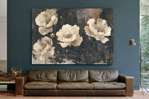 Cream Peonies On Dark Textured Background by Bella Frye