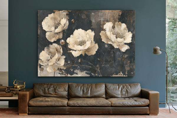 Cream Peonies On Dark Textured Background by Bella Frye