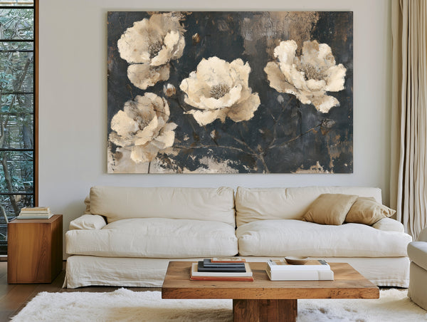 Cream Peonies On Dark Textured Background by Bella Frye
