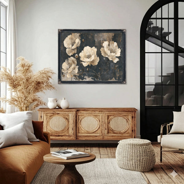 Cream Peonies On Dark Textured Background by Bella Frye
