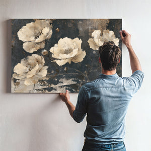 Cream Peonies On Dark Textured Background by Bella Frye