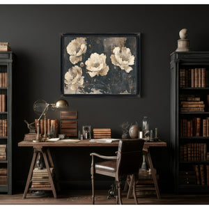 Cream Peonies On Dark Textured Background by Bella Frye