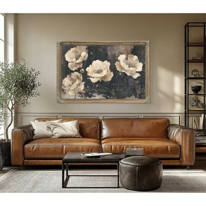 Cream Peonies On Dark Textured Background by Bella Frye
