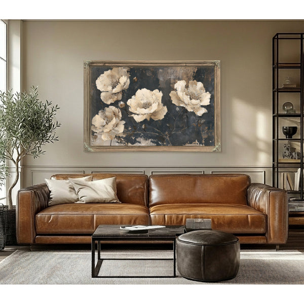 Cream Peonies On Dark Textured Background by Bella Frye