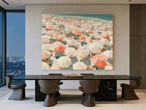 Crowded Summer Beach Aerial With Coral Umbrellas by Bella Frye