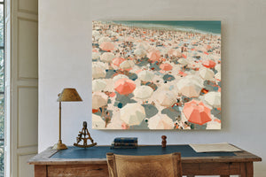 Crowded Summer Beach Aerial With Coral Umbrellas by Bella Frye