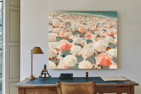 Crowded Summer Beach Aerial With Coral Umbrellas by Bella Frye