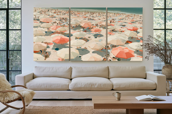 Crowded Summer Beach Aerial With Coral Umbrellas by Bella Frye