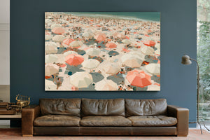 Crowded Summer Beach Aerial With Coral Umbrellas by Bella Frye