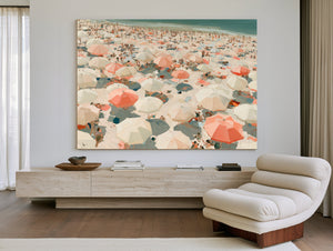 Crowded Summer Beach Aerial With Coral Umbrellas by Bella Frye