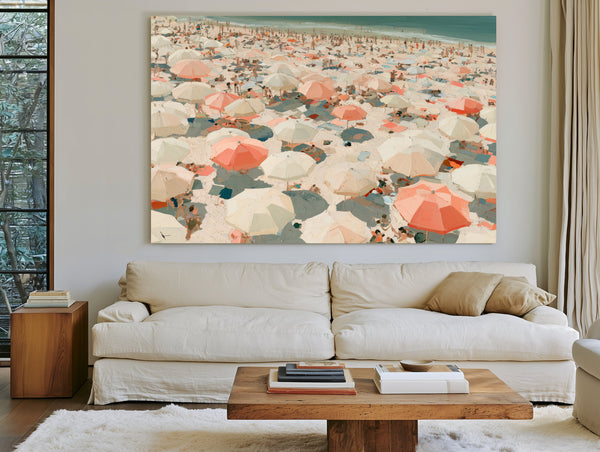 Crowded Summer Beach Aerial With Coral Umbrellas by Bella Frye