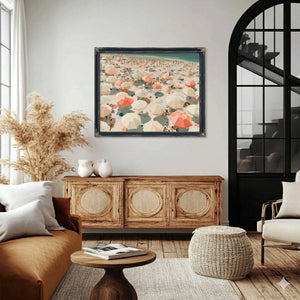 Crowded Summer Beach Aerial With Coral Umbrellas by Bella Frye