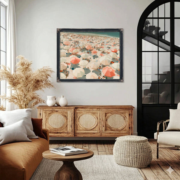 Crowded Summer Beach Aerial With Coral Umbrellas by Bella Frye