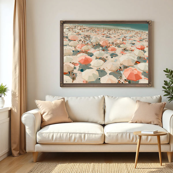 Crowded Summer Beach Aerial With Coral Umbrellas by Bella Frye