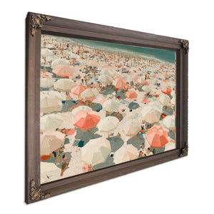 Crowded Summer Beach Aerial With Coral Umbrellas by Bella Frye