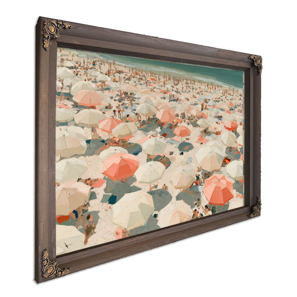 Crowded Summer Beach Aerial With Coral Umbrellas by Bella Frye