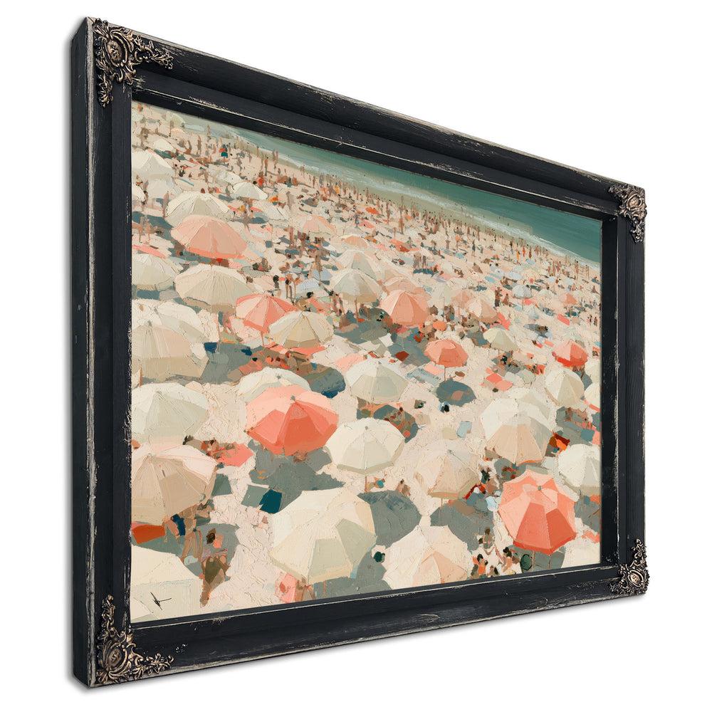Crowded Summer Beach Aerial With Coral Umbrellas by Bella Frye