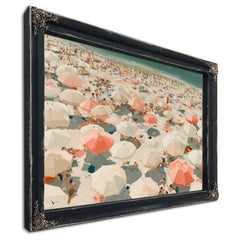 Crowded Summer Beach Aerial With Coral Umbrellas by Bella Frye