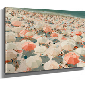 Crowded Summer Beach Aerial With Coral Umbrellas by Bella Frye