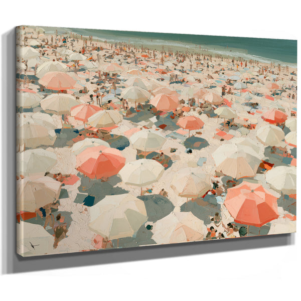 Crowded Summer Beach Aerial With Coral Umbrellas by Bella Frye