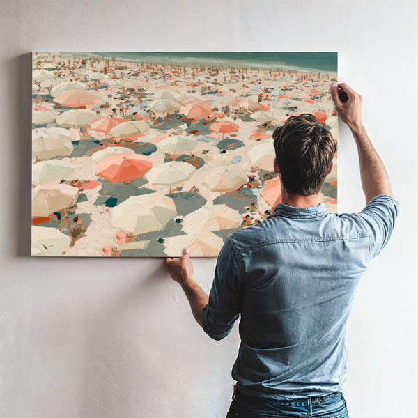 Crowded Summer Beach Aerial With Coral Umbrellas by Bella Frye