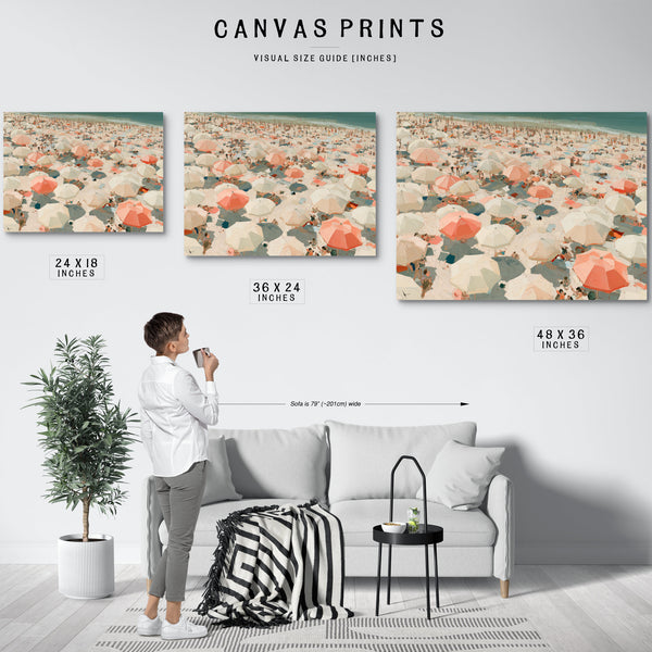 Crowded Summer Beach Aerial With Coral Umbrellas by Bella Frye