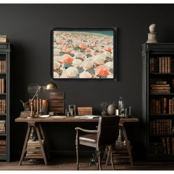 Crowded Summer Beach Aerial With Coral Umbrellas by Bella Frye