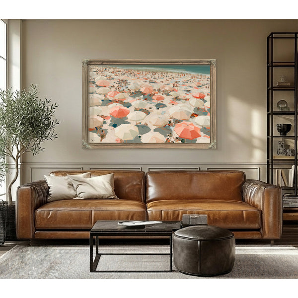 Crowded Summer Beach Aerial With Coral Umbrellas by Bella Frye