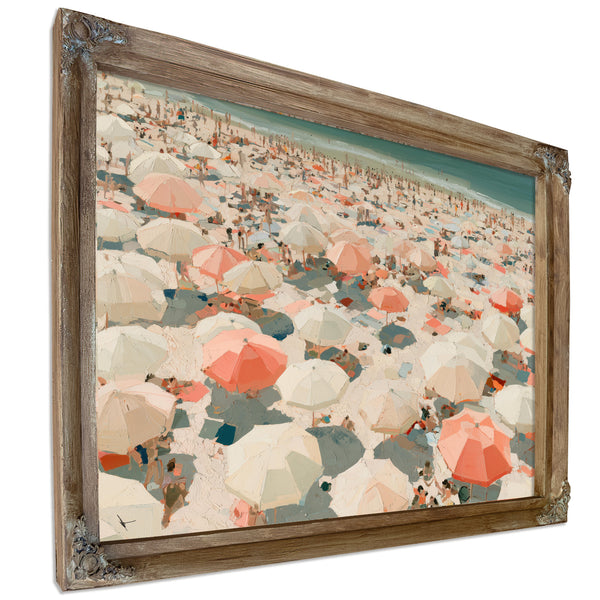 Crowded Summer Beach Aerial With Coral Umbrellas by Bella Frye