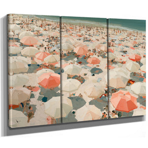 Crowded Summer Beach Aerial With Coral Umbrellas by Bella Frye