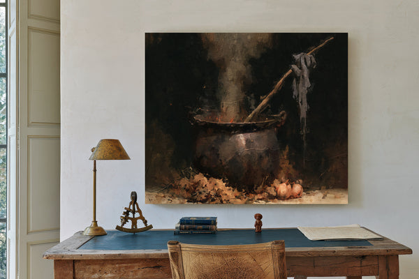 Dark Cauldron Bubbling Over Open Fire by Bella Frye