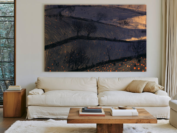 Dark Rolling Hills With Bare Winter Trees by Bella Frye