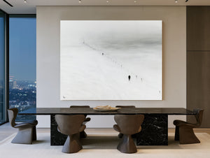 Figures Walking Snowy Slope In Fog by Bella Frye