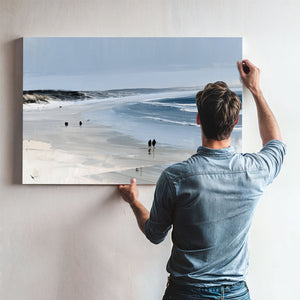 Figures Walking Wide Beach On Overcast Day by Bella Frye