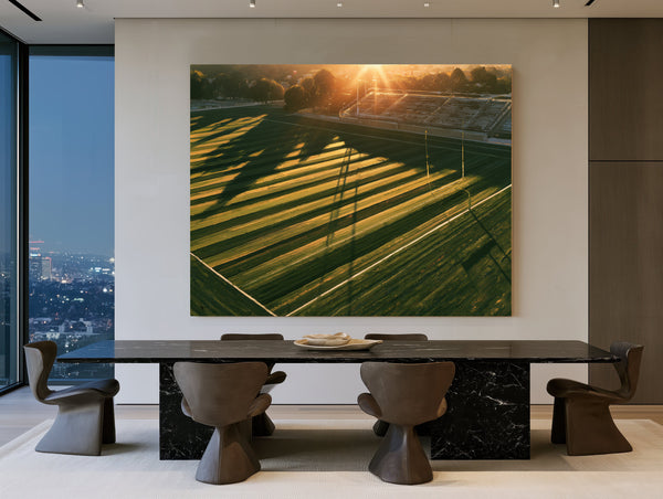Football Field At Golden Hour Aerial View by Bella Frye