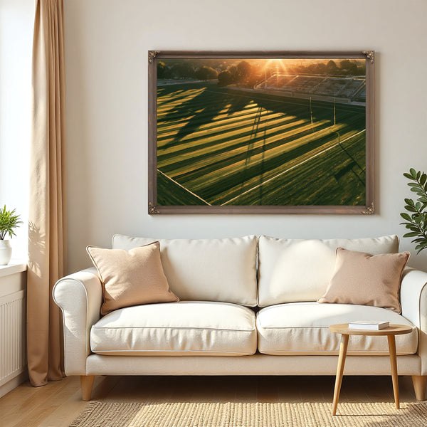 Football Field At Golden Hour Aerial View by Bella Frye
