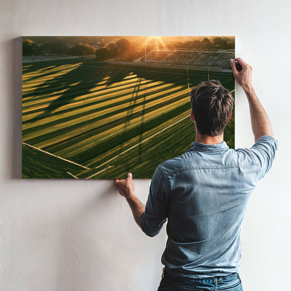 Football Field At Golden Hour Aerial View by Bella Frye