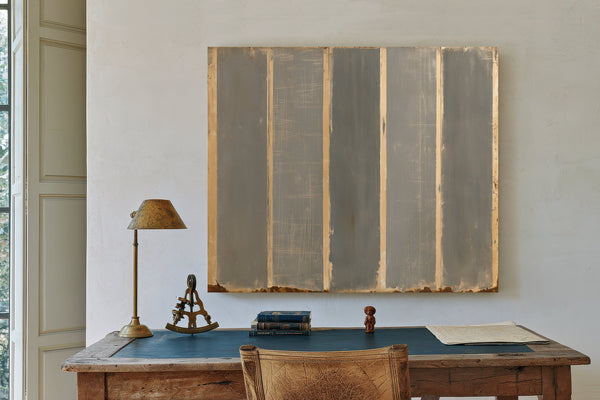 Gray Striped Weathered Abstract Panel Painting by Bella Frye