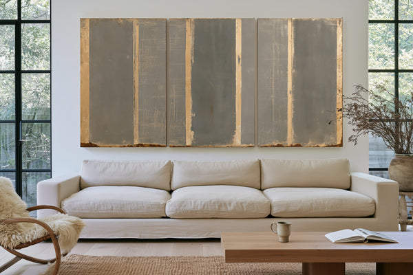 Gray Striped Weathered Abstract Panel Painting by Bella Frye