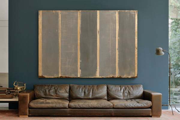 Gray Striped Weathered Abstract Panel Painting by Bella Frye